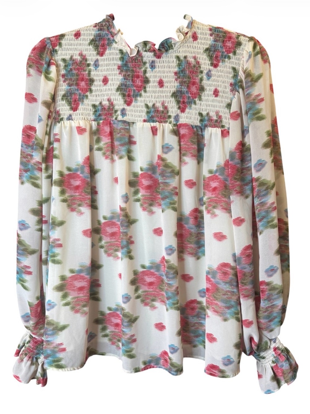 entro White Floral Smocked Yoke Long-Sleeve mock neck Blouse - Picture 2 of 5